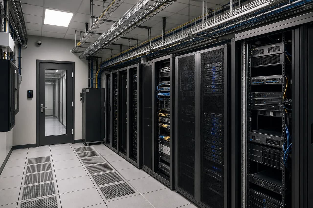 Professional server room build-out with racks, power, and security planning