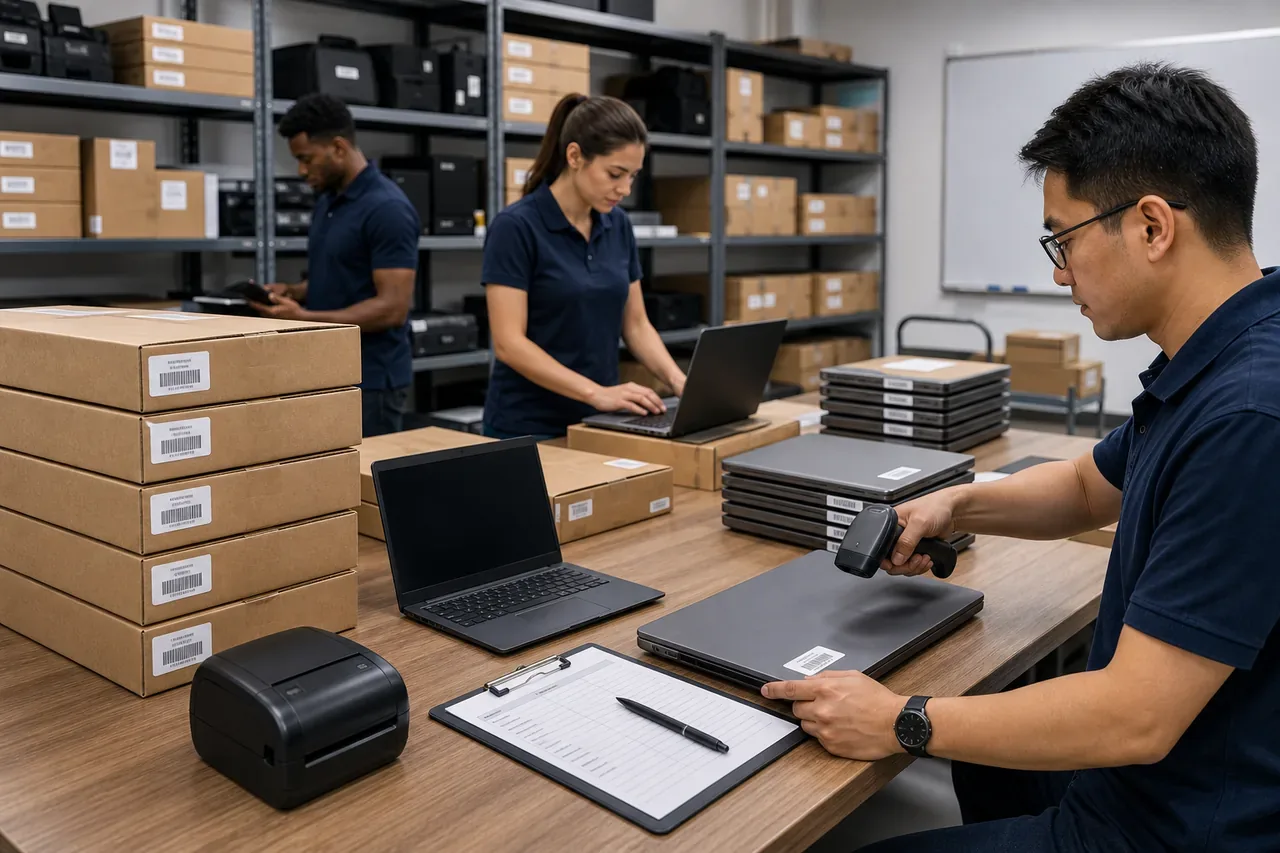 Asset-tagged laptops and business hardware prepared for bulk deployment