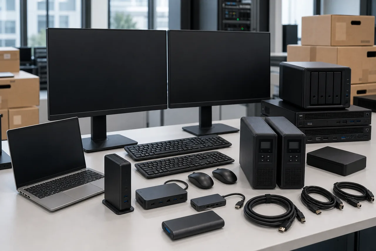 Professional IT peripherals monitors UPS units and accessories organized for deployment