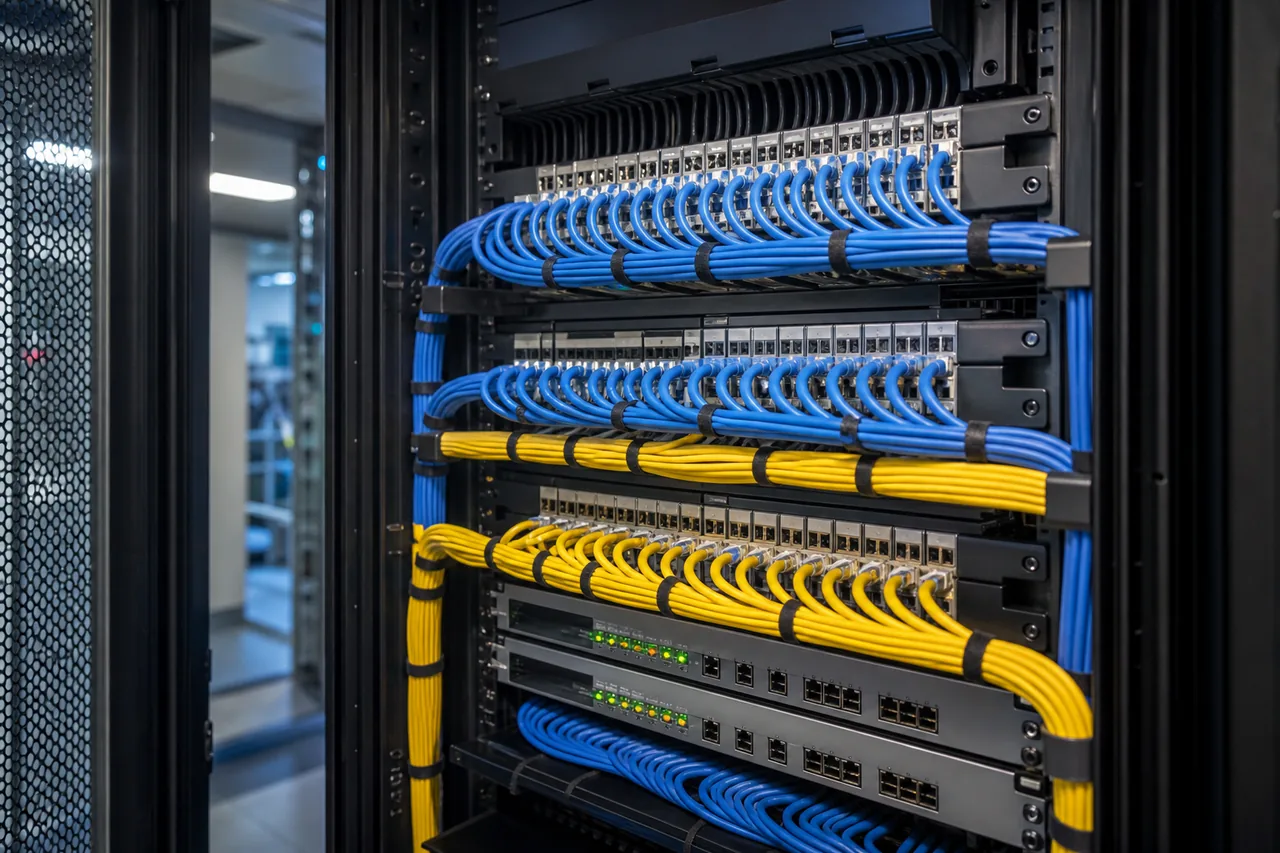 Neatly managed structured network cabling in a business communications rack