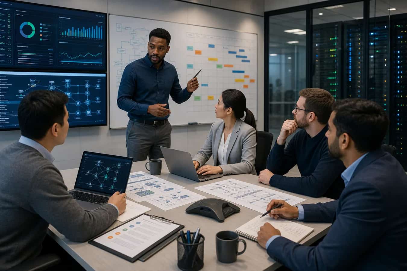 IT project manager leading a technology project planning session with timelines and system diagrams