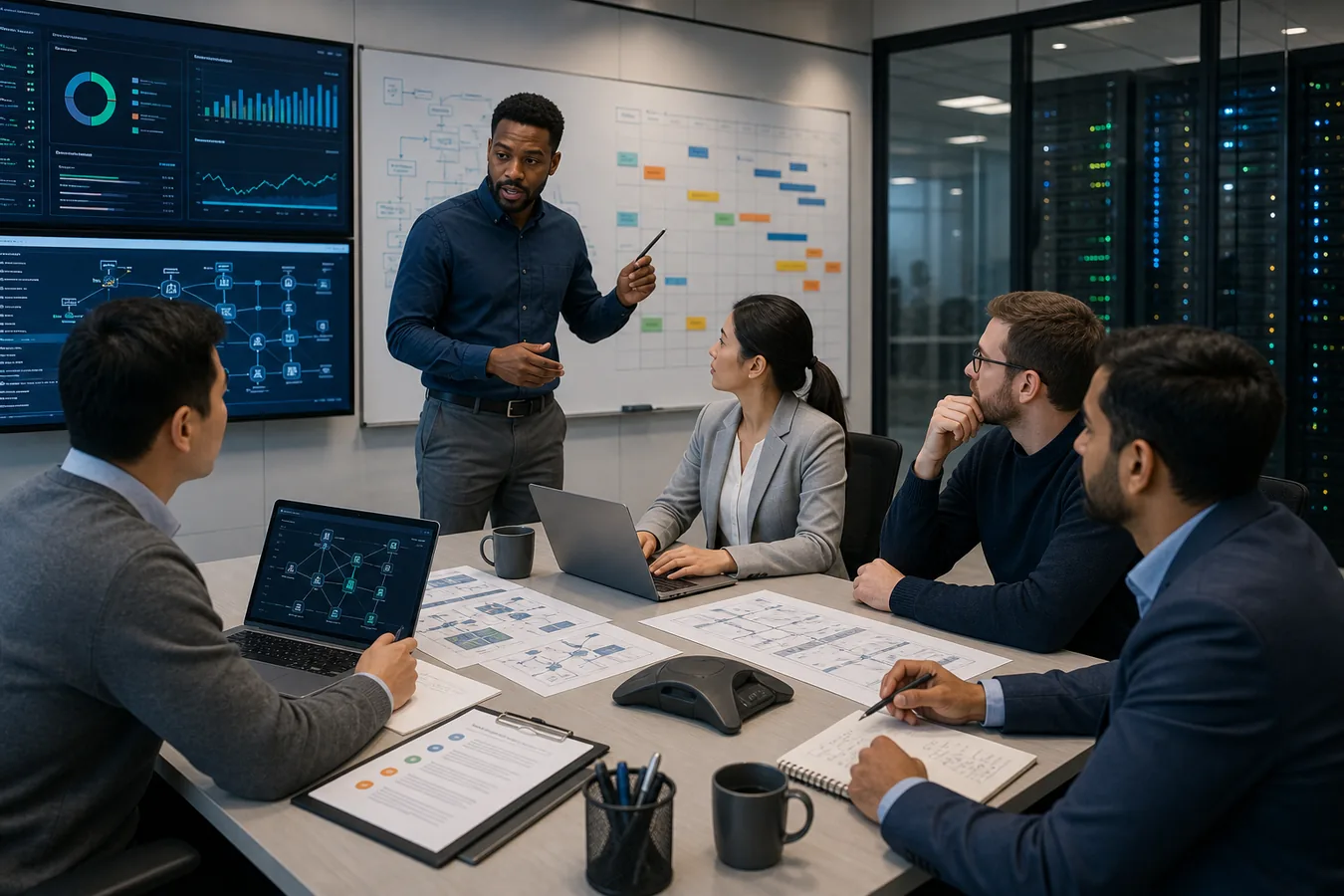 IT project manager leading a technology project planning session with timelines and system diagrams