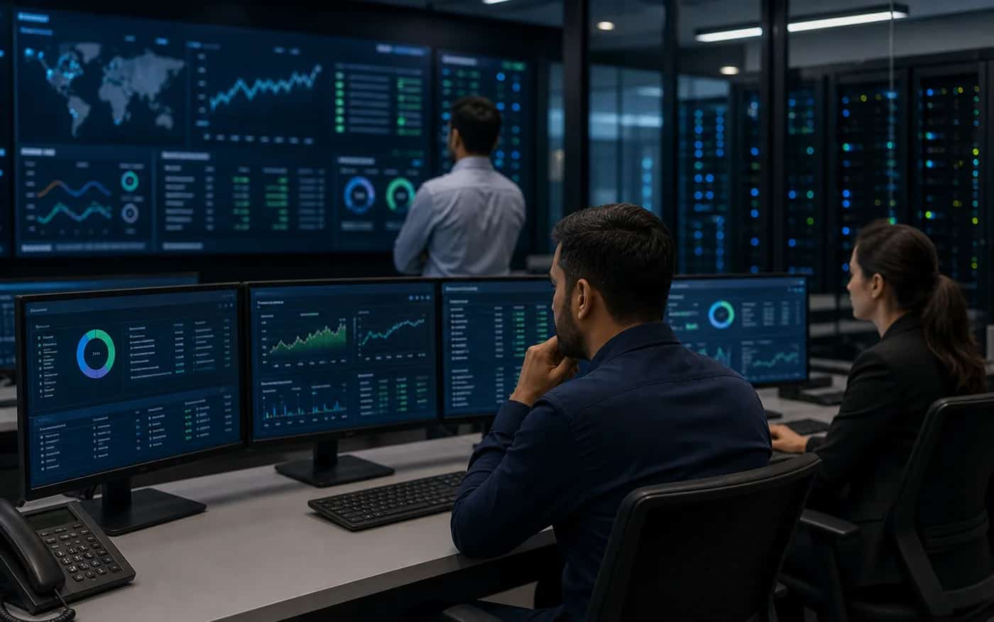 Network operations team monitoring server and network health dashboards