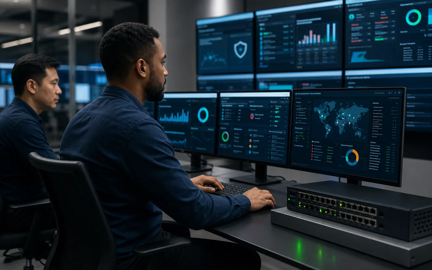 Cybersecurity analyst reviewing firewall rules patch status and threat monitoring dashboards