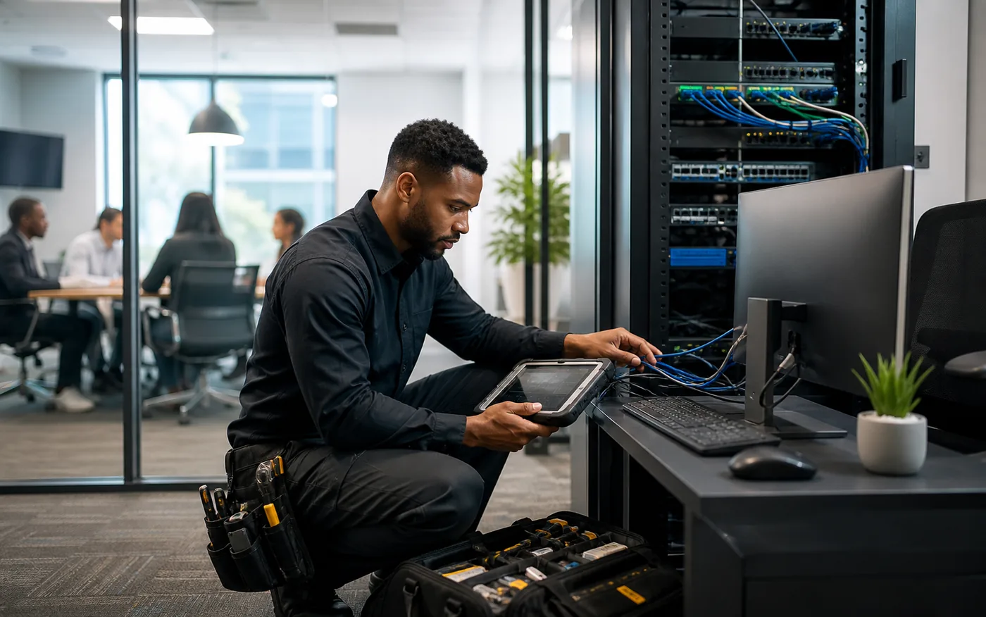 IT engineer completing handover checks after a technology project implementation