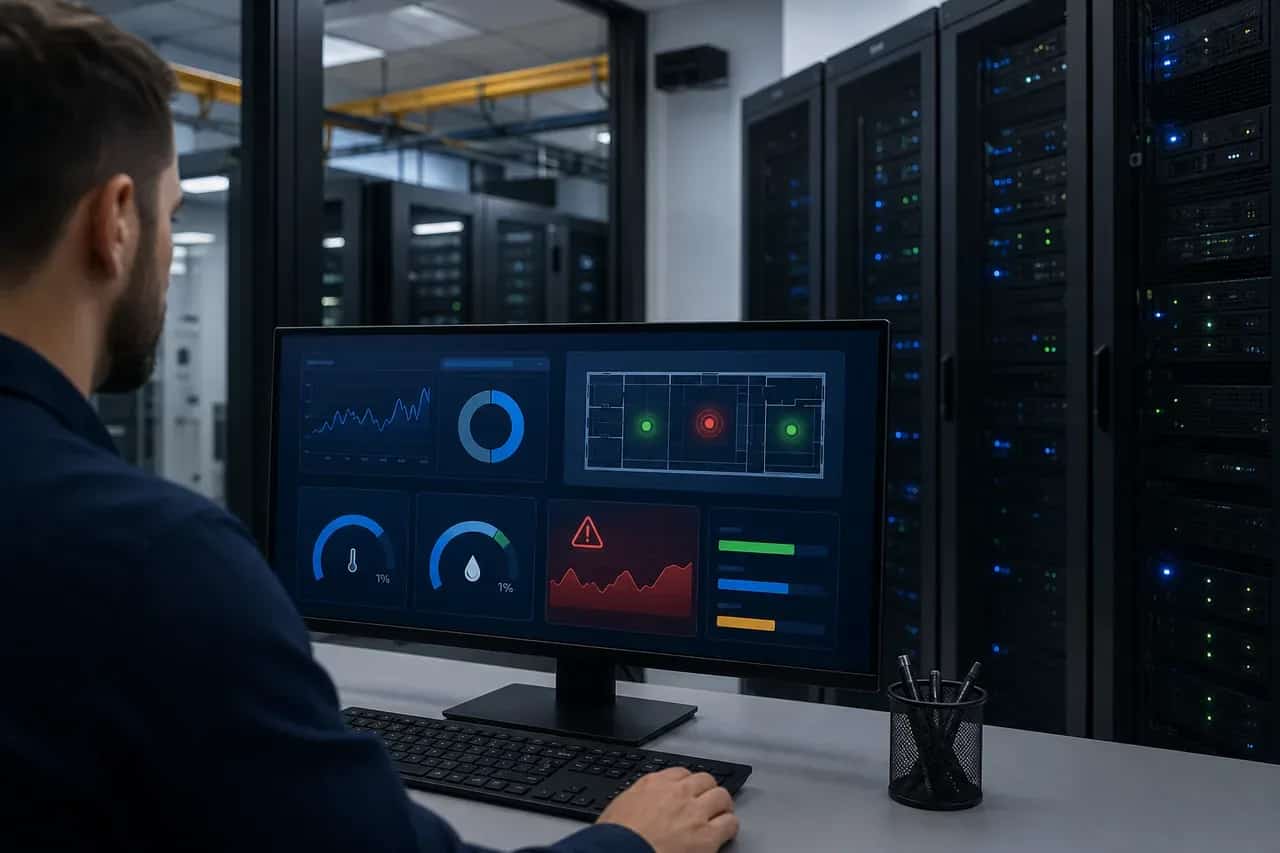 Network architect auditing current network state with dashboards and rack documentation