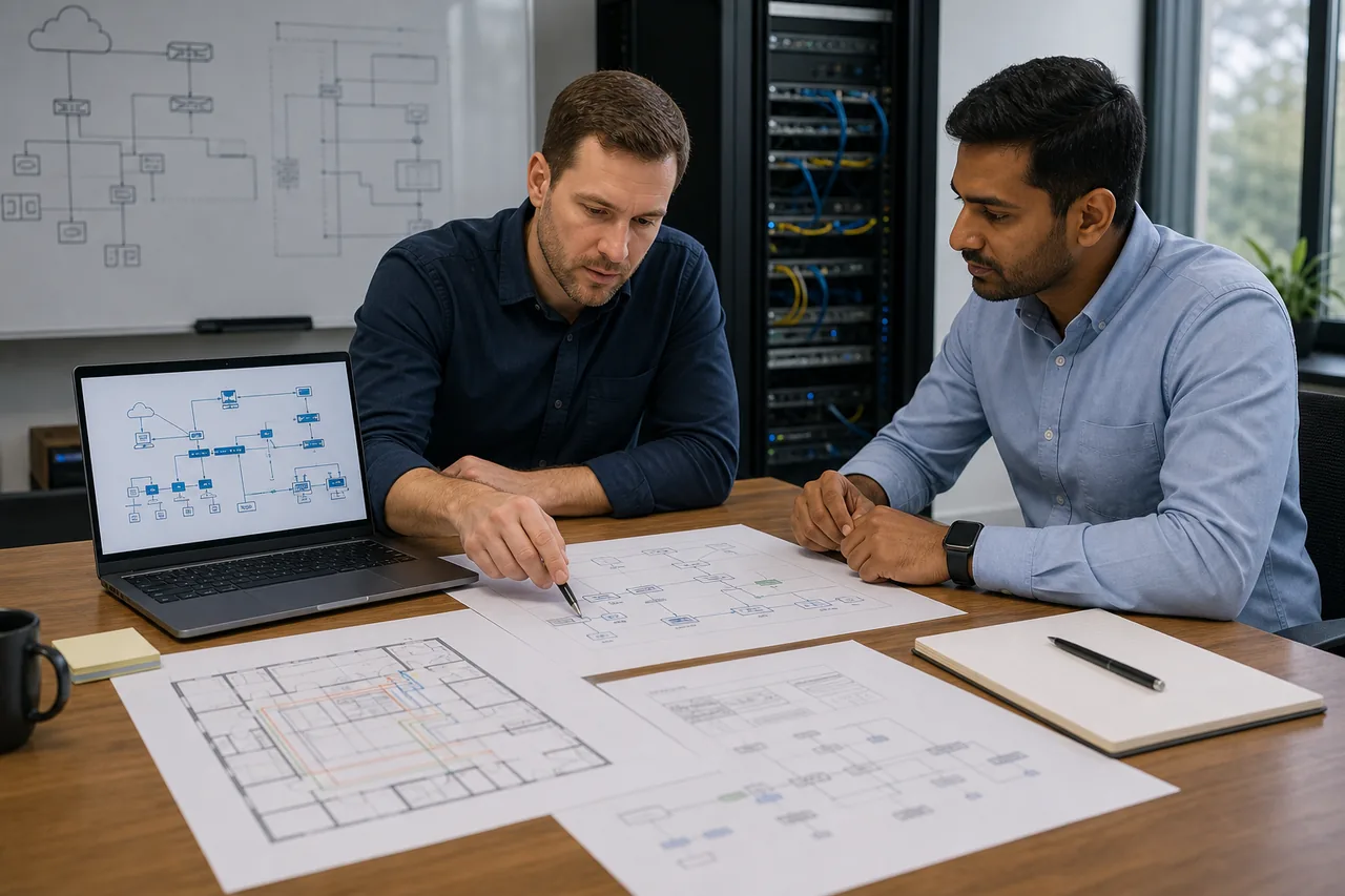 Engineers reviewing logical and physical network diagrams on a project table