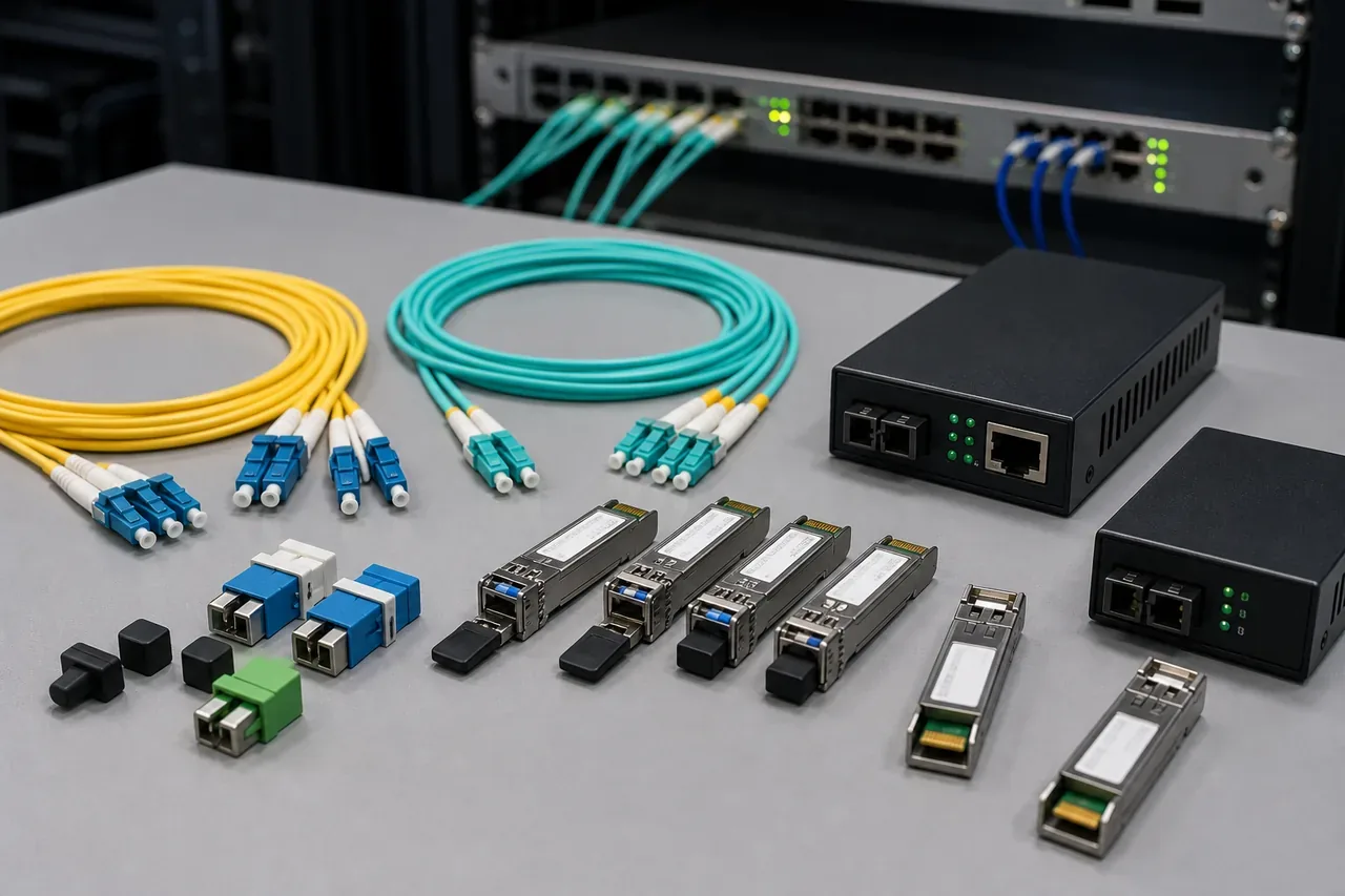 Network cables SFP modules media converters and accessories arranged for installation