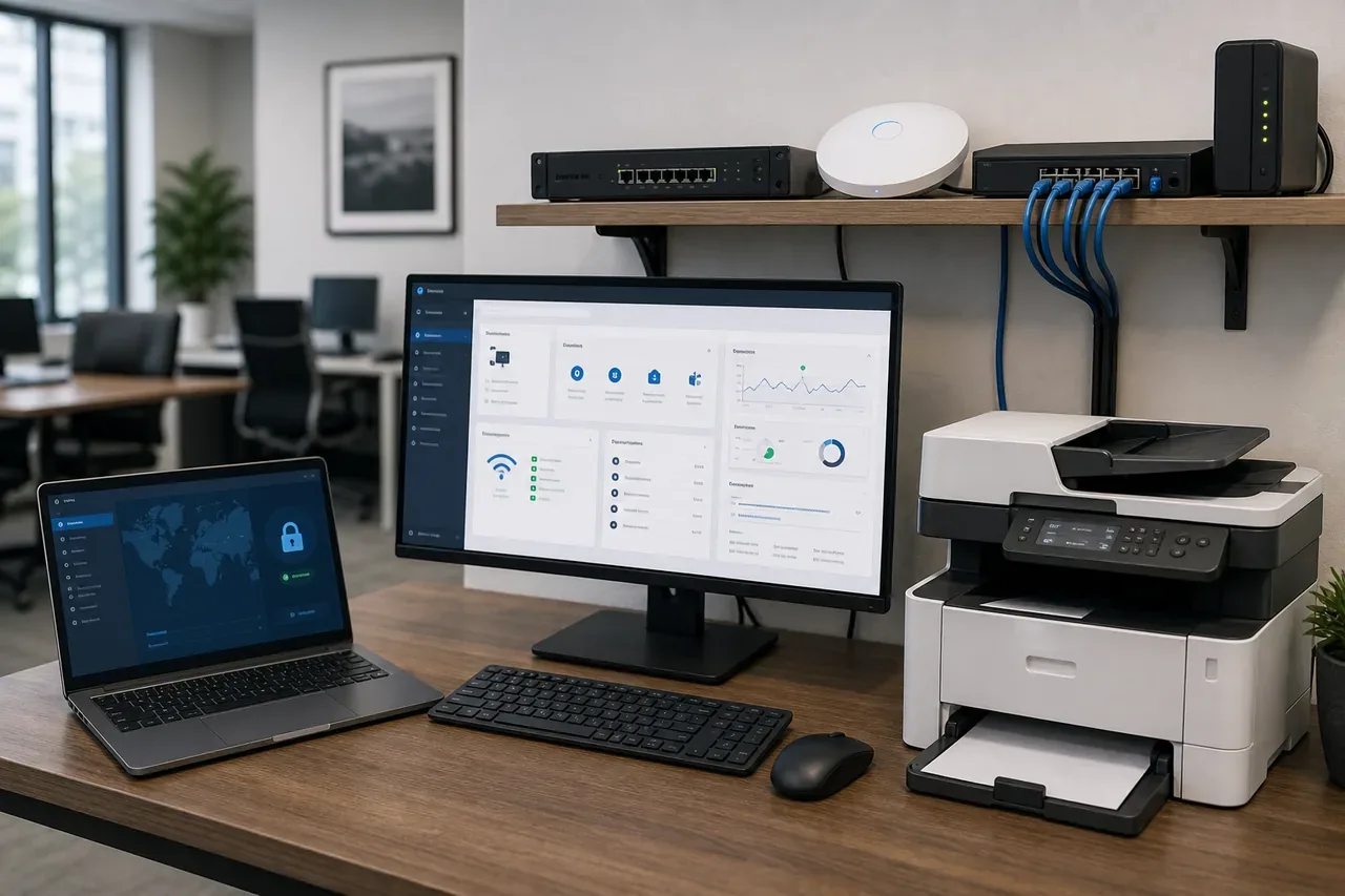 Network printer setup across office laptops mobile devices and shared print users