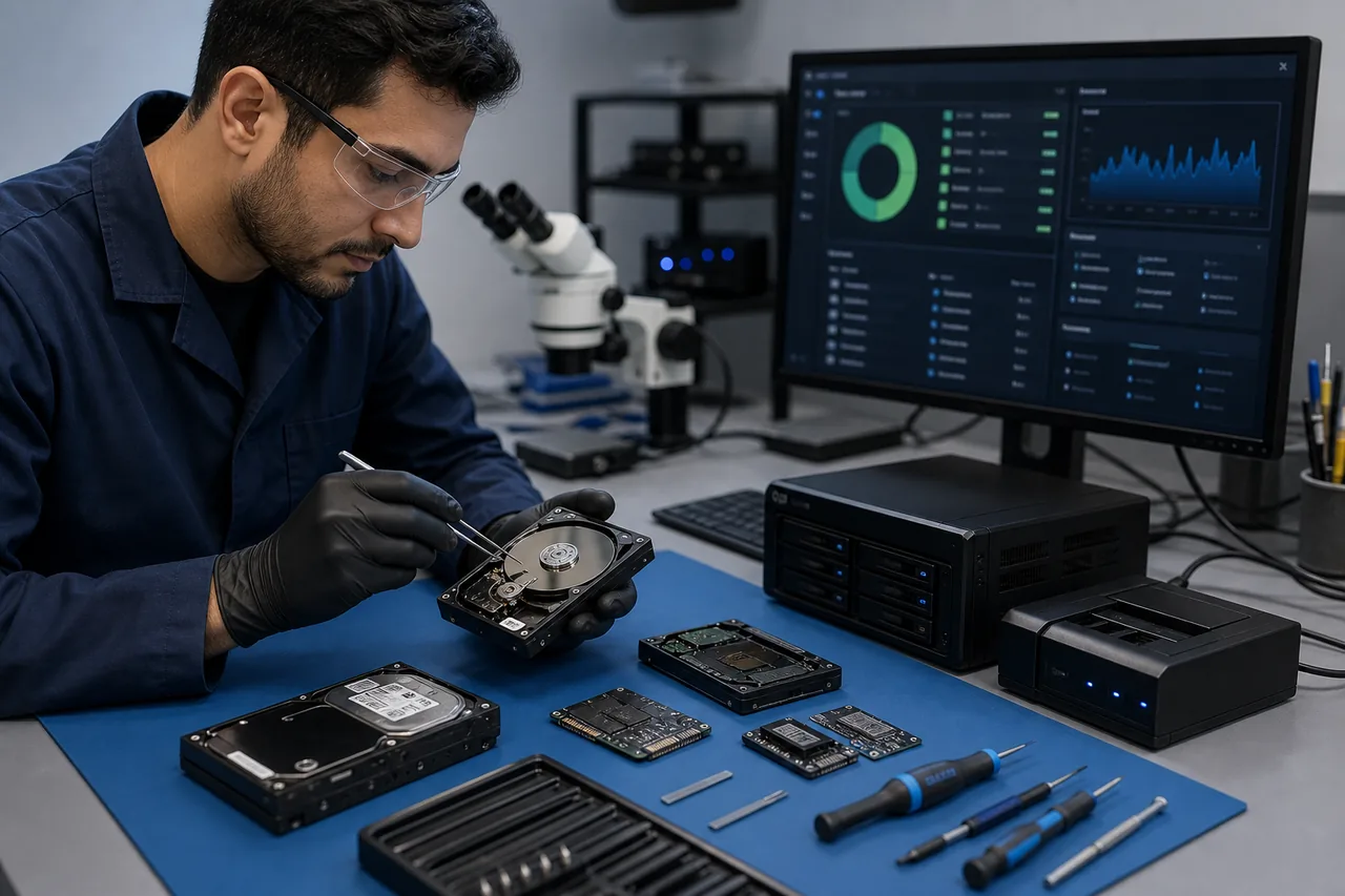 Data recovery specialist examining failed storage drives in a professional repair lab