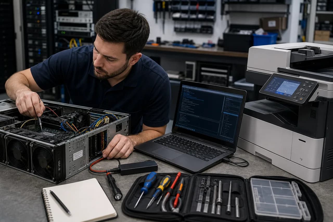 Engineer diagnosing server and printer hardware issues in a business support environment