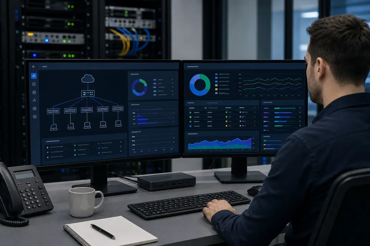 Firewall and endpoint security monitoring displayed on a centralized operations dashboard