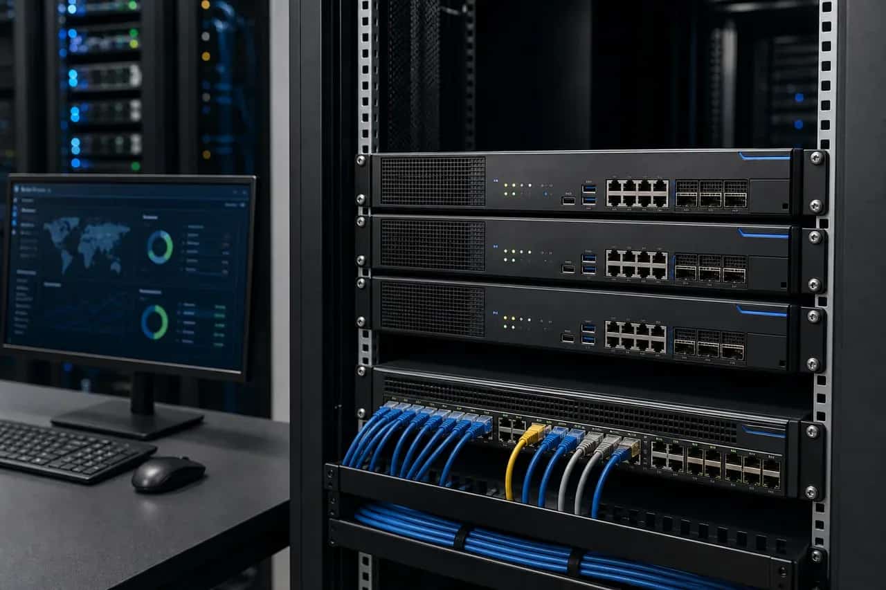 Enterprise firewall appliance and security dashboard prepared for business network protection